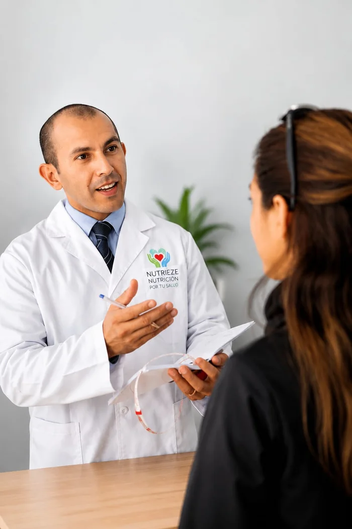 Ezequiel Ruiz orientando a una paciente en la consulta de Nutrieze en Torrevieja