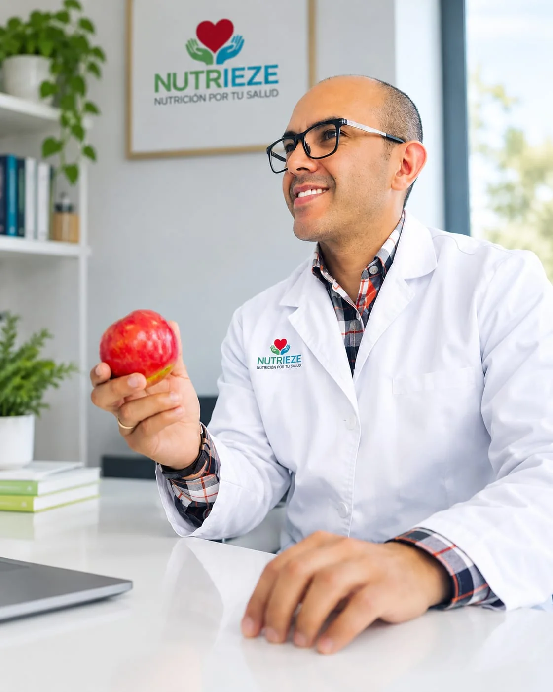 Ezequiel Ruiz, nutricionista-dietista de Nutrieze, con bata blanca y una manzana en la consulta de Torrevieja