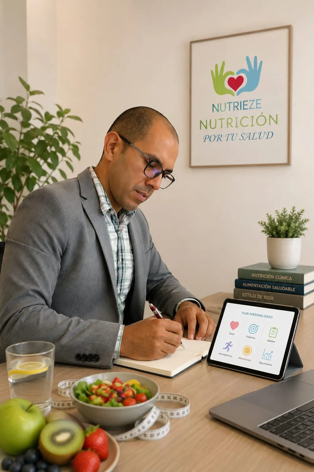 Ezequiel Ruiz preparando una planificación nutricional personalizada con cuaderno, tablet, portátil y alimentos frescos